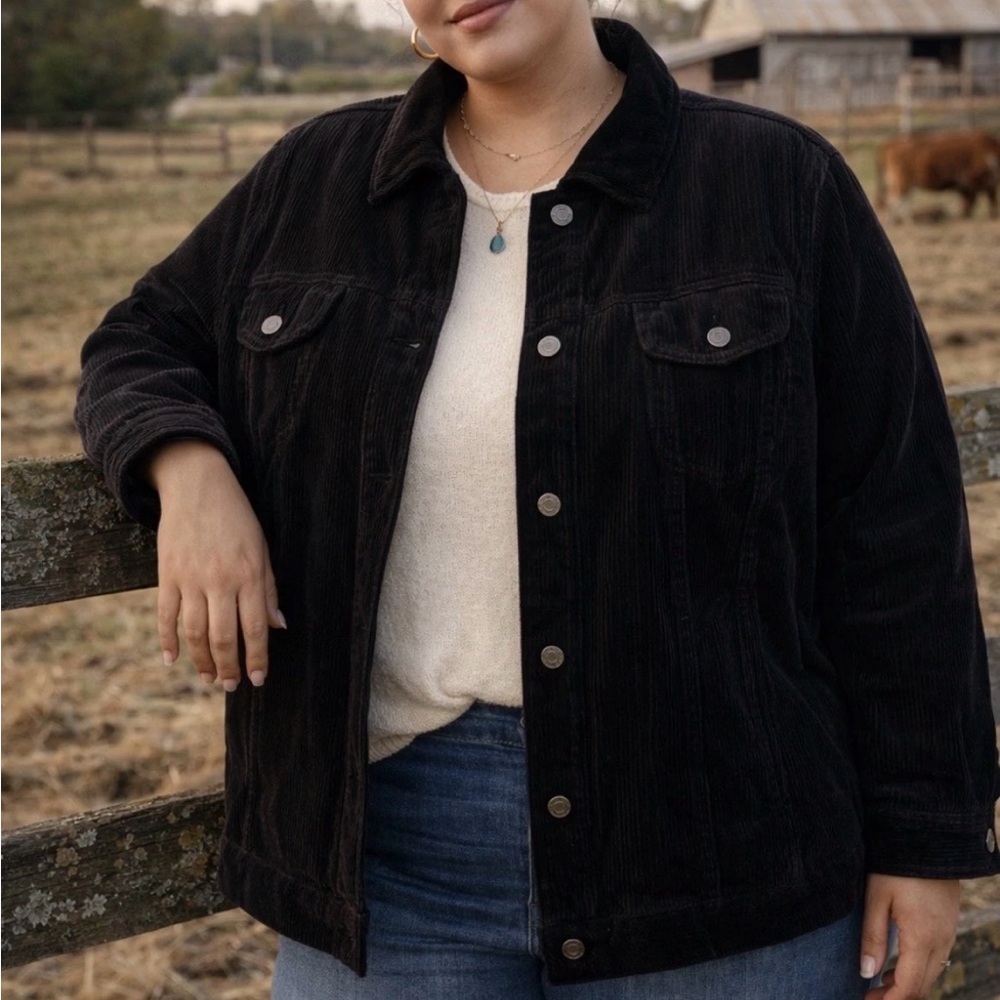 J. Jill Black Corduroy Jacket w/ Velvet Collar and Trim Barn Jacket Chore Jacket